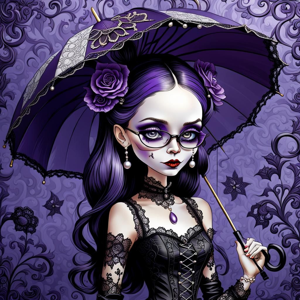 Whimsical Gothic Woman Caricature with Lace Umbrella