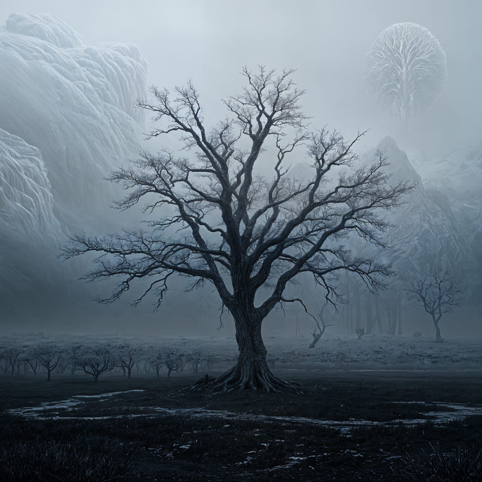 Monochrome Barren Tree in Dark Fantasy Landscape