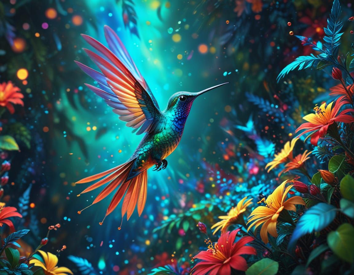 Hummingbird in Abstract Fractal Jungle: Vector Art