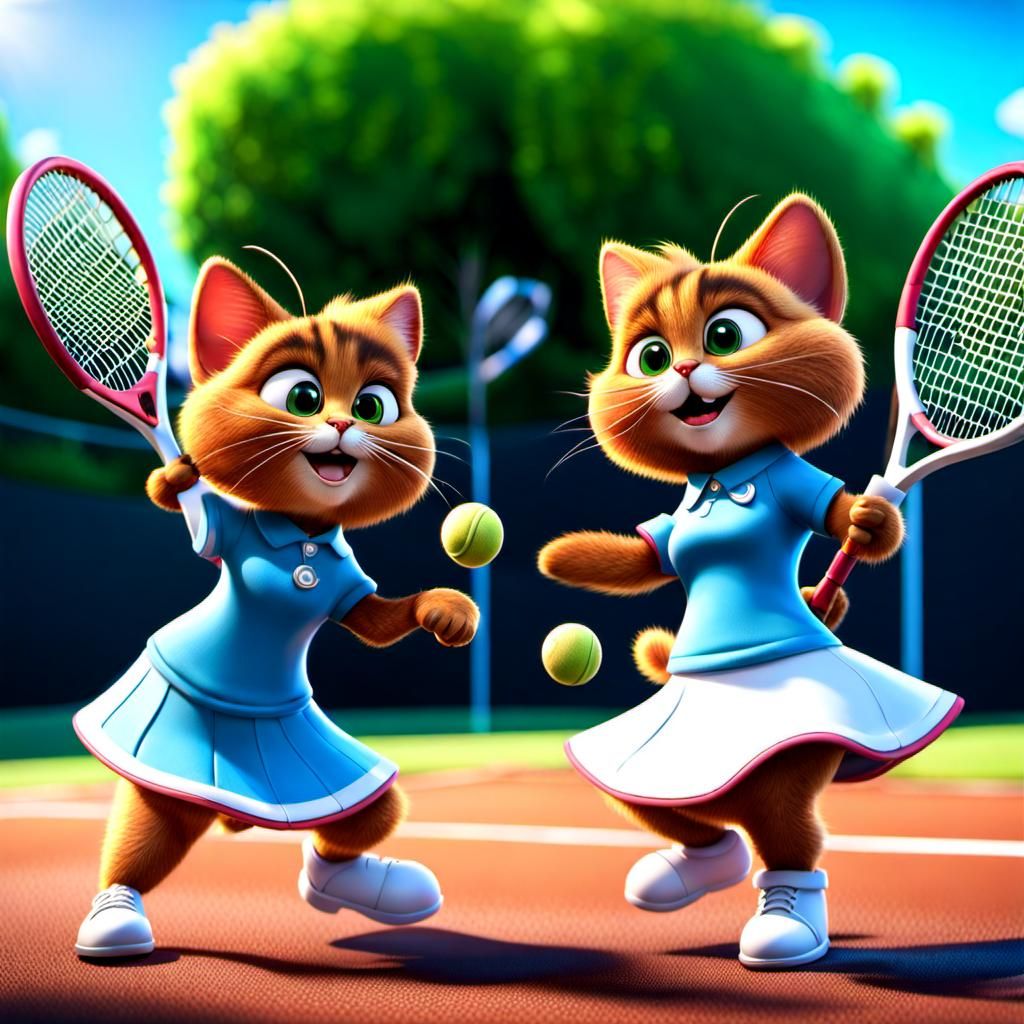 Anthropomorphic Manx Cats Play Tennis: 3D Digital Art