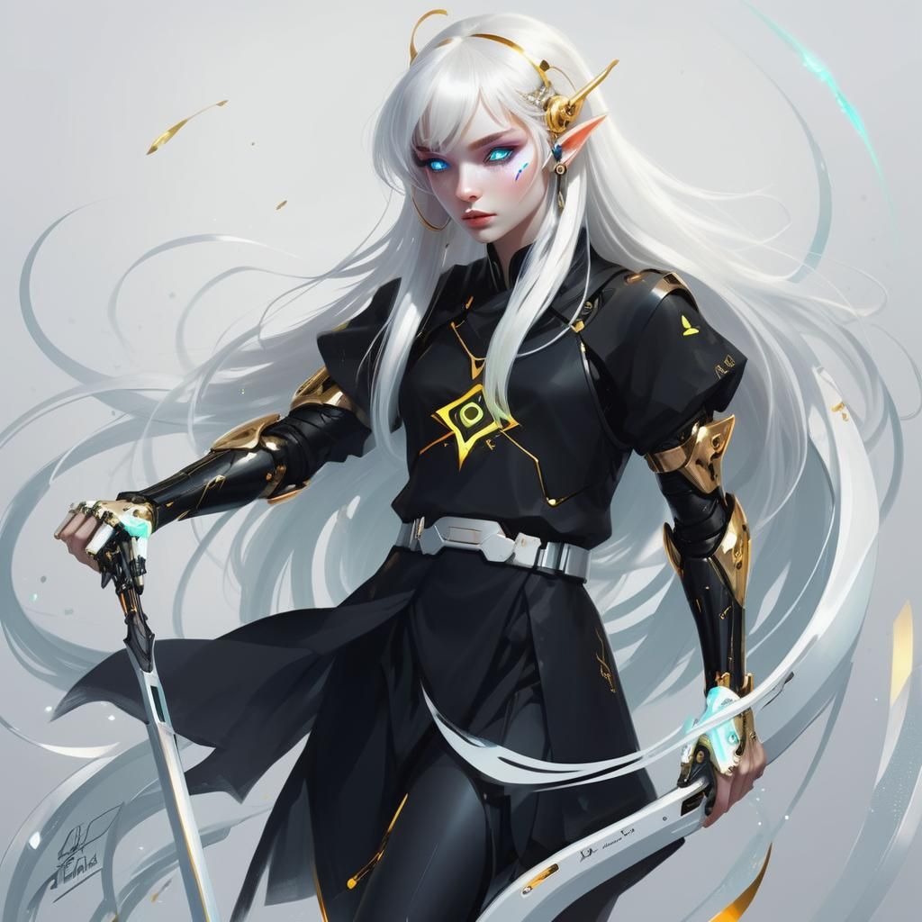 Cyberpunk Elf Portrait with Neon Inscription