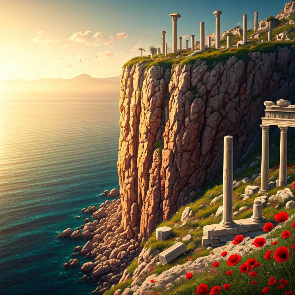 Ancient Greek Cliffside Ruins with Poppies