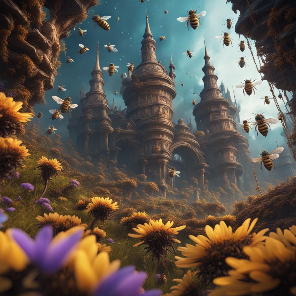 Detailed Matte Painting of Bees in Deep Color