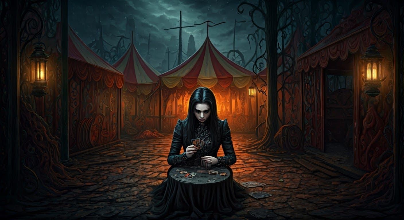 Gothic Mystic in Abandoned Carnival, Dark Romanticism