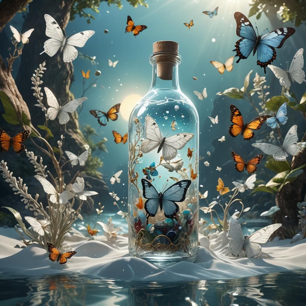 White Butterfly near Water Bottle: Fantasy Concept Art