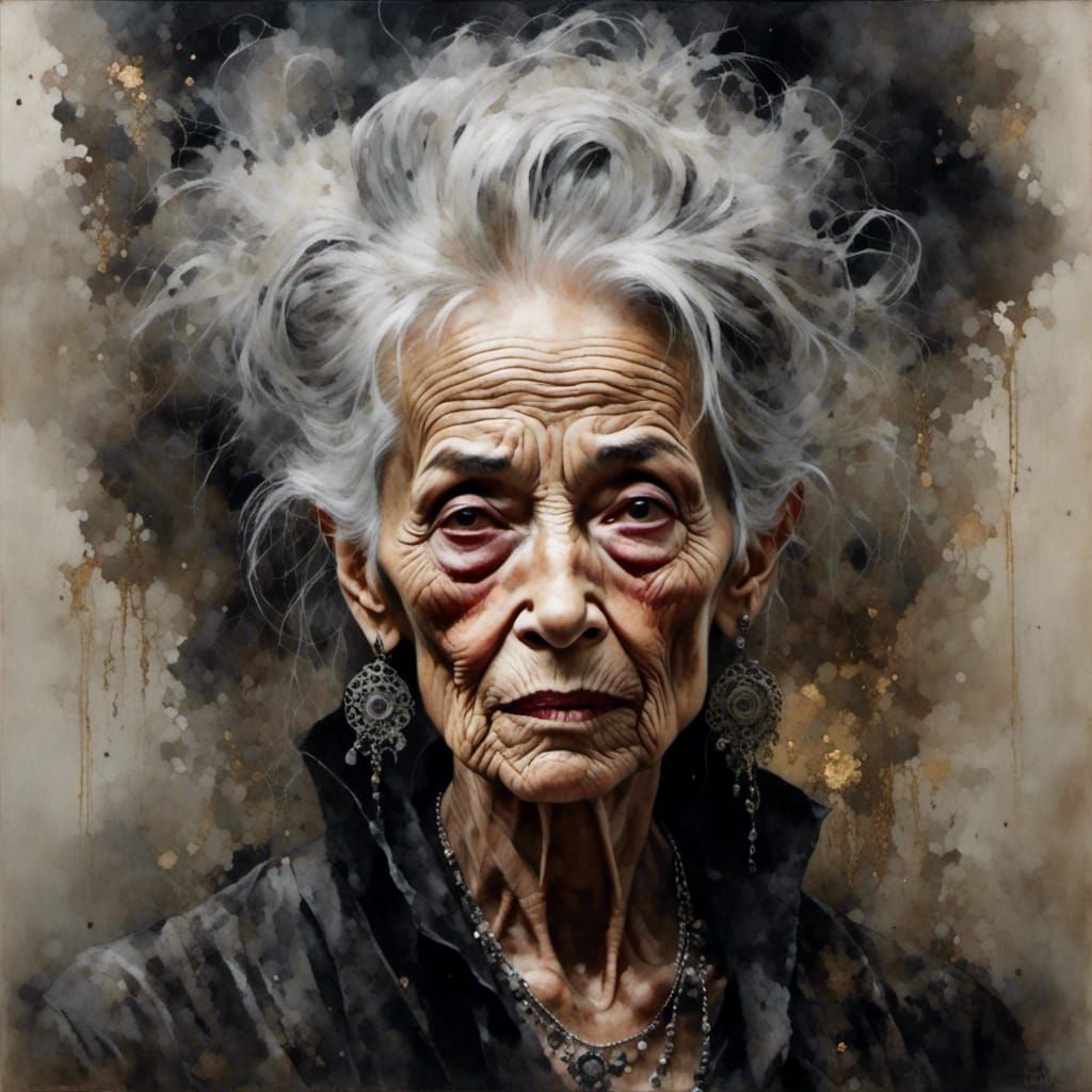 Rugged Woman in Abandoned Place as Watercolor Painting