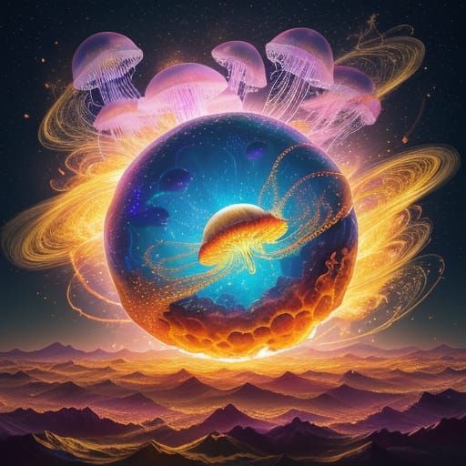 Dreamscape with Jellyfish and Honeycomb in Anime Style