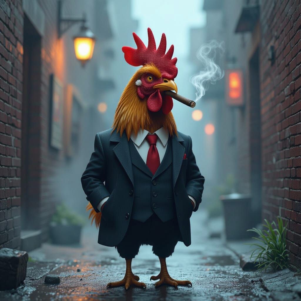 Chicken Mafia Boss in Dark Noir Alleyway