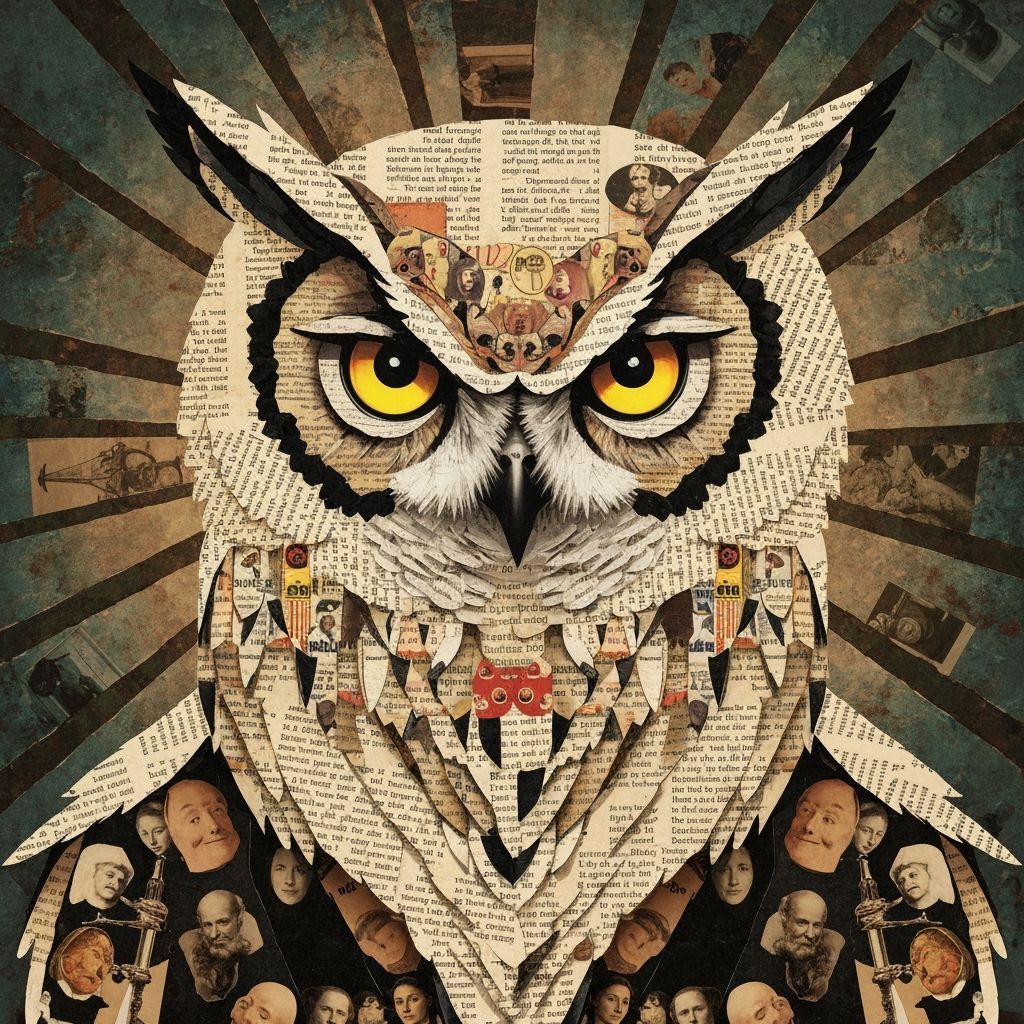 Morpheus Owl Portrait in Vintage Collage Style