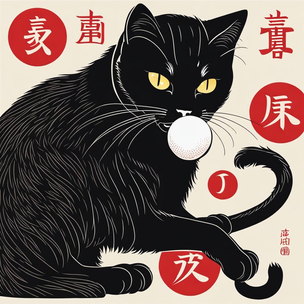 Japanese Art Black Cat Playing Ball