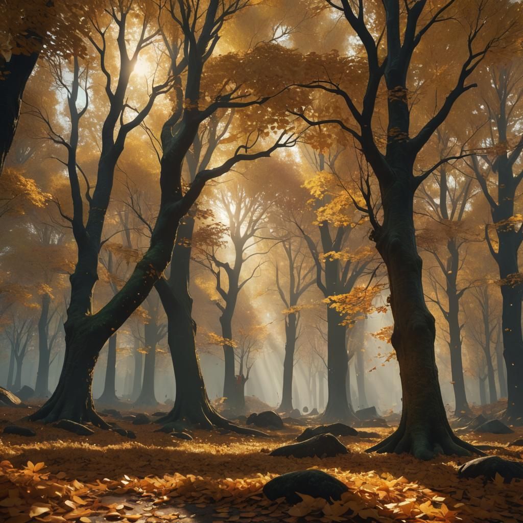 Magical Autumn Forest in Digital Matte Painting Style