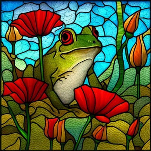 Stained Glass Frog with Poppies in Double Exposure Art