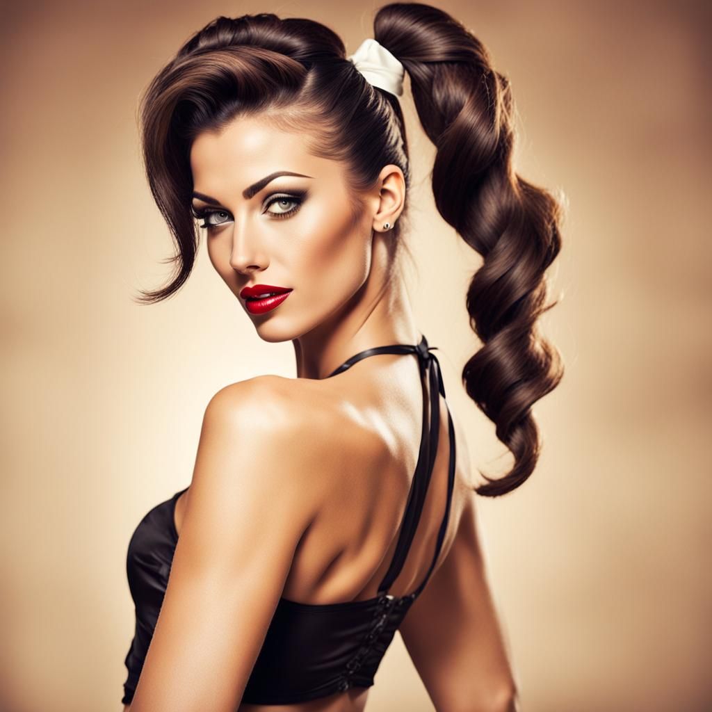 Erotic Pin-Up of Brunette Woman with Ponytail