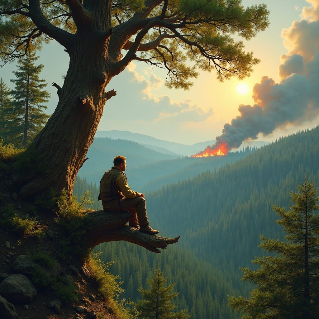 Contemplative Man Overlooking Forest Fire