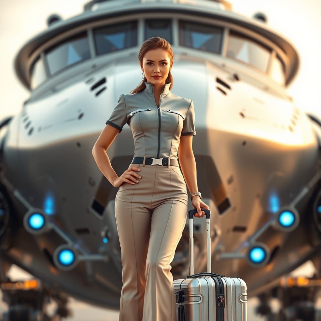 Confident Retro-Futuristic Flight Attendant in Front of a Sl...