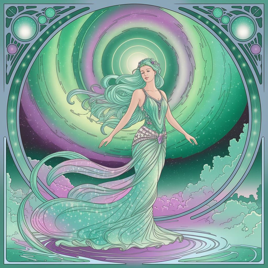 Celestial Goddess of the Aurora Borealis in Ethereal Art Nou...
