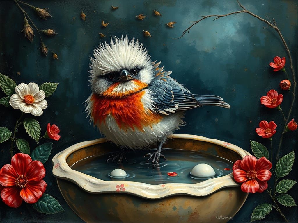 Surreal Papier-Mâché Bird Takes a Bath in Vibrant Colors