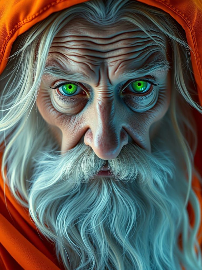 Mythic Wizard with Neon Eyes in Digital Art