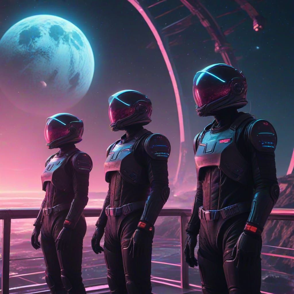 Synthwave Explorers on a Starship Bridge