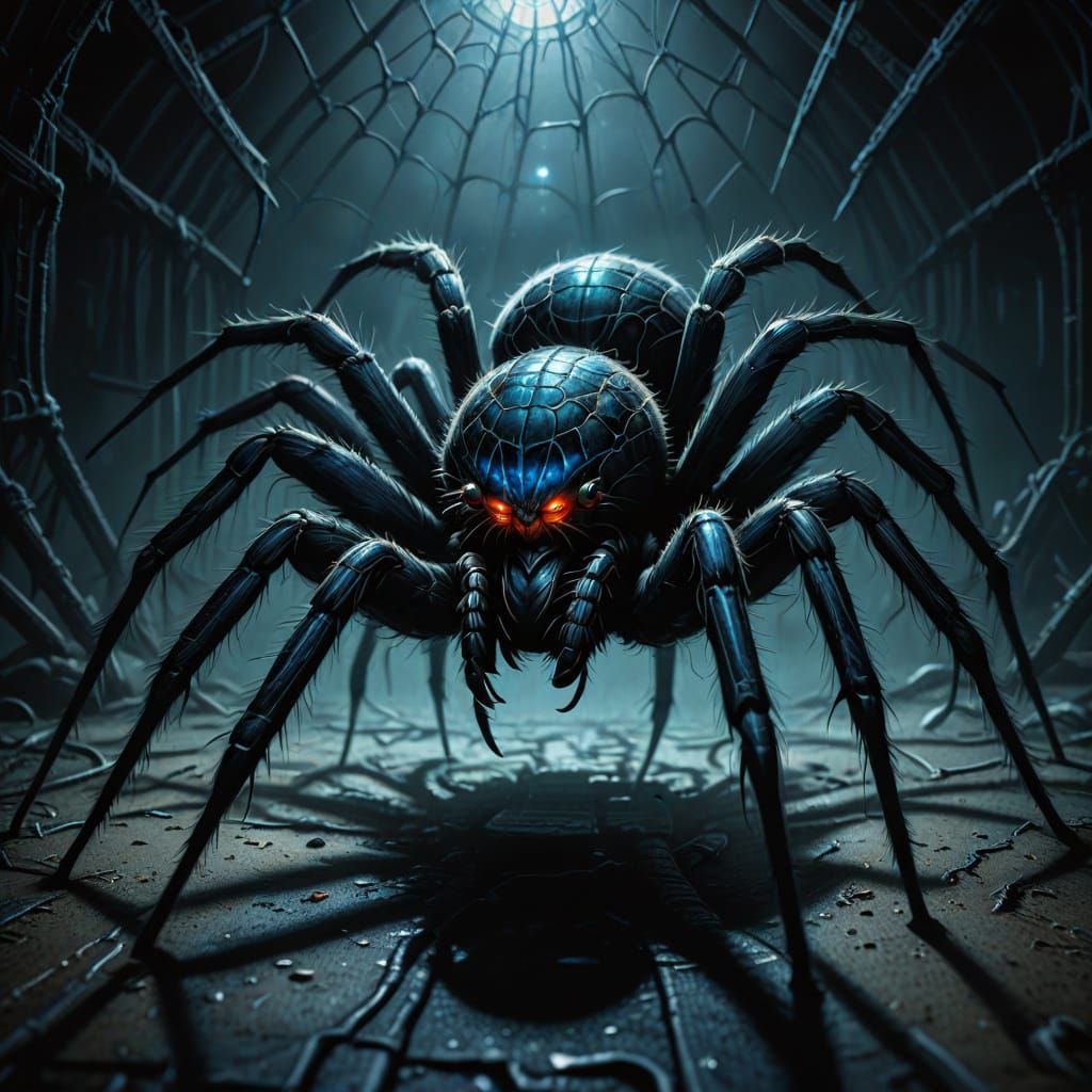 Dark Fantasy Spider in Shadows with Eerie Blue Markings