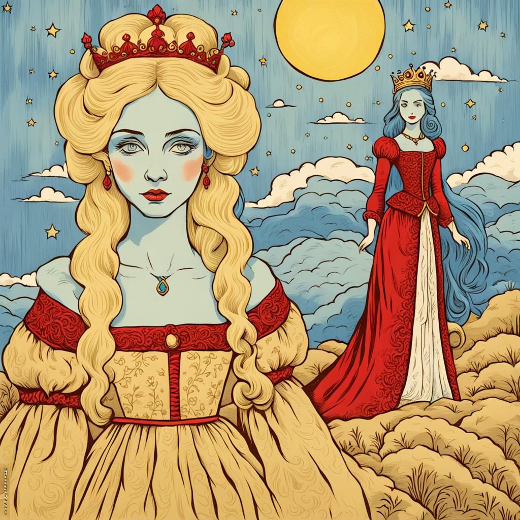 Princess and Queen in Woodcut Style