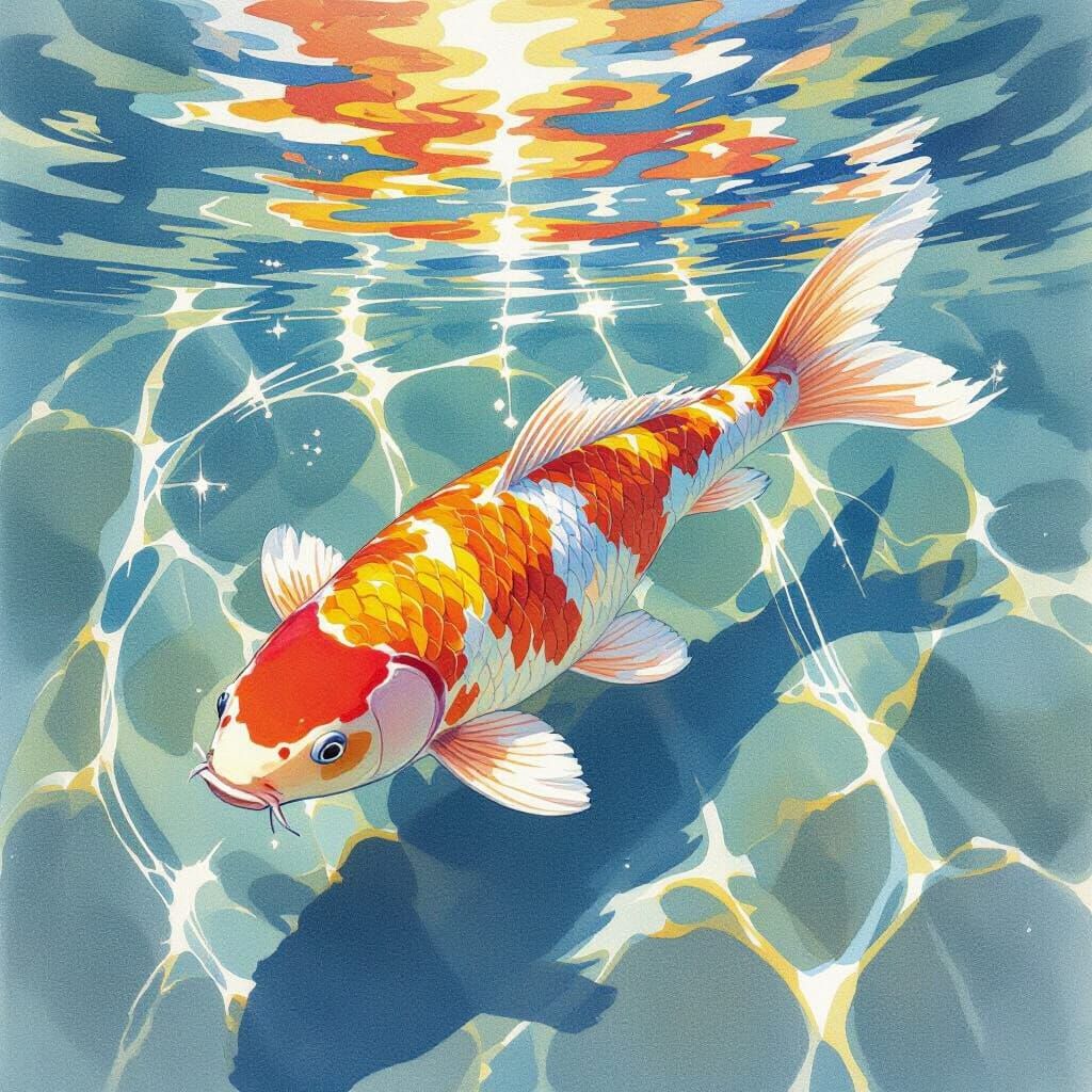 Vibrant Koi Fish in Dappled Sunlight - Watercolor Style
