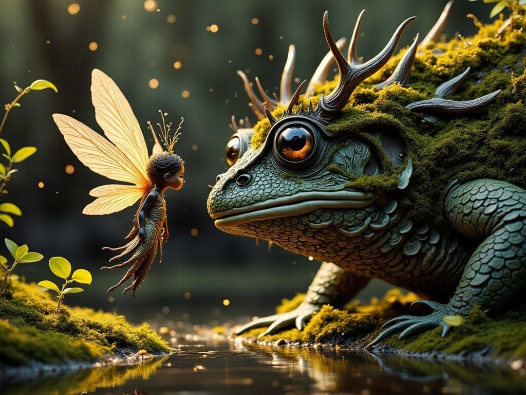 Fairy and Swamp Toad Encounter in Gloamcore Illustration