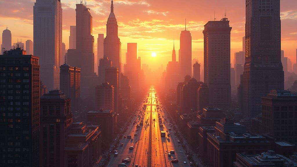 Vibrant Futuristic Cityscape at Golden Hour