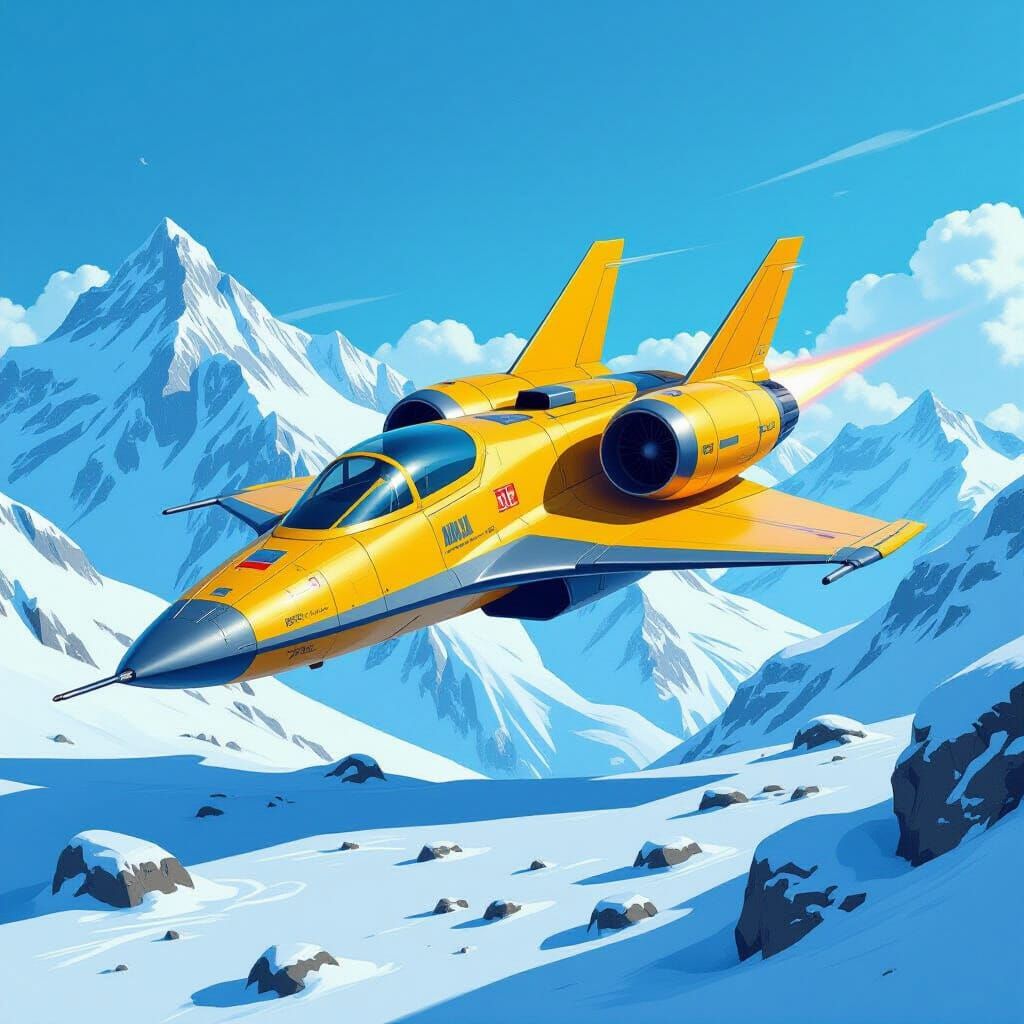 Yellow Spaceship Flies Over Snowy Mountains