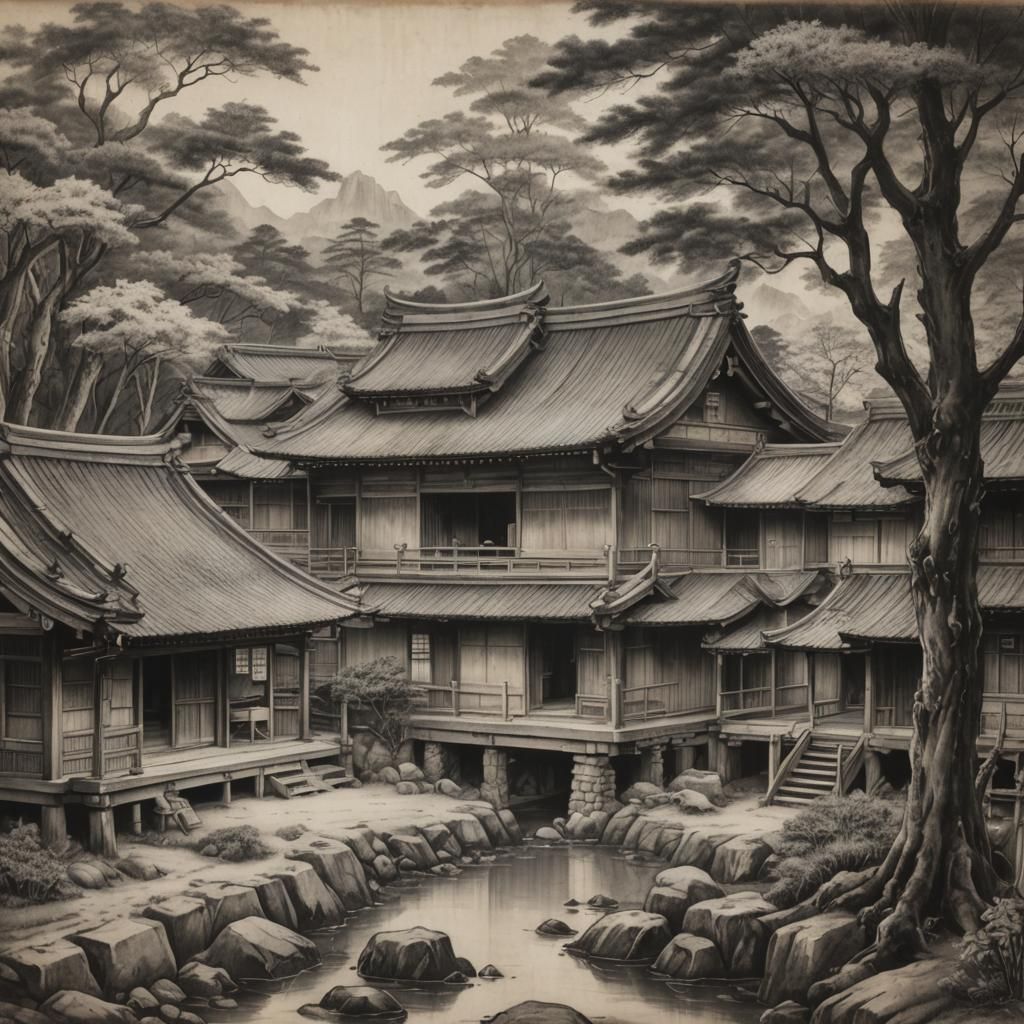 Rural Japanese Inn: Hyperdetailed Charcoal Drawing