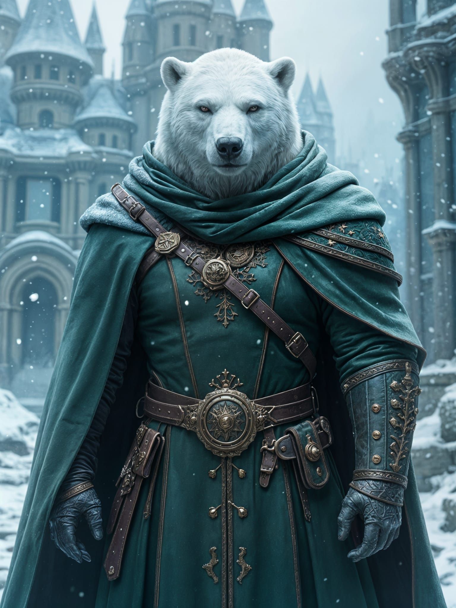 Polar Bear Knight in Snowy Medieval Scene
