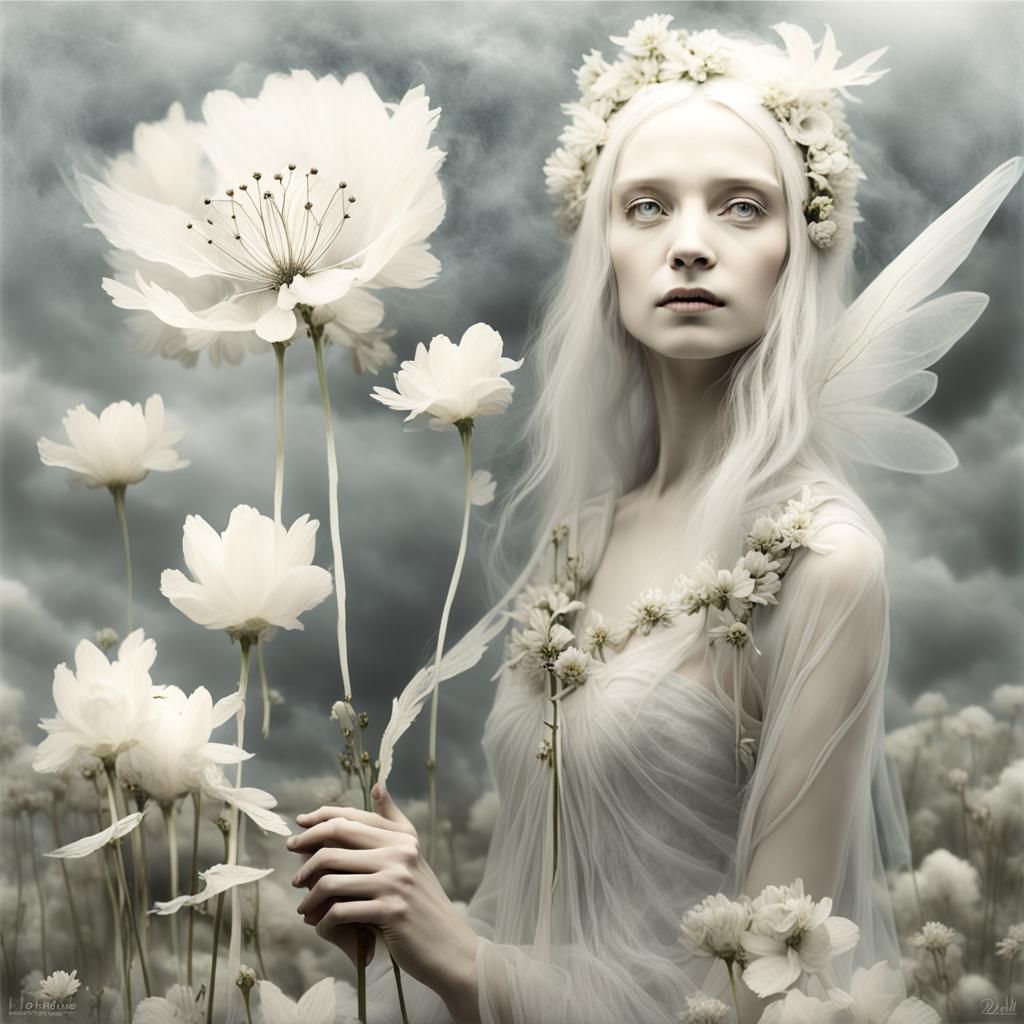 Ethereal Fairy in Surrealist Dreamscape with Floral Accents