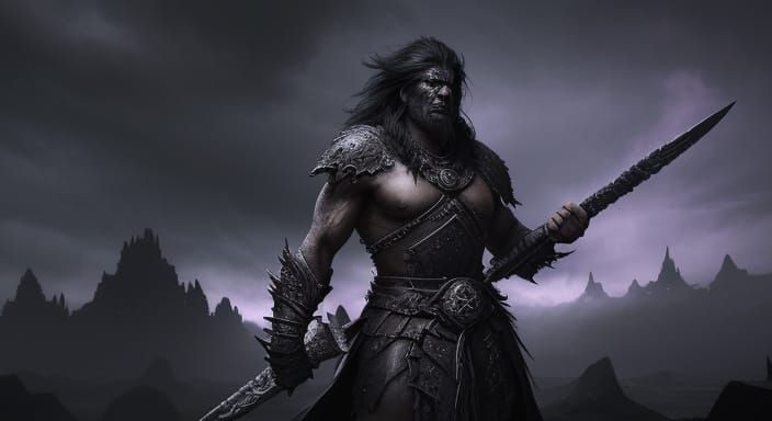 Barbarian Warrior Faces Obsidian Gate in Dark Fantasy