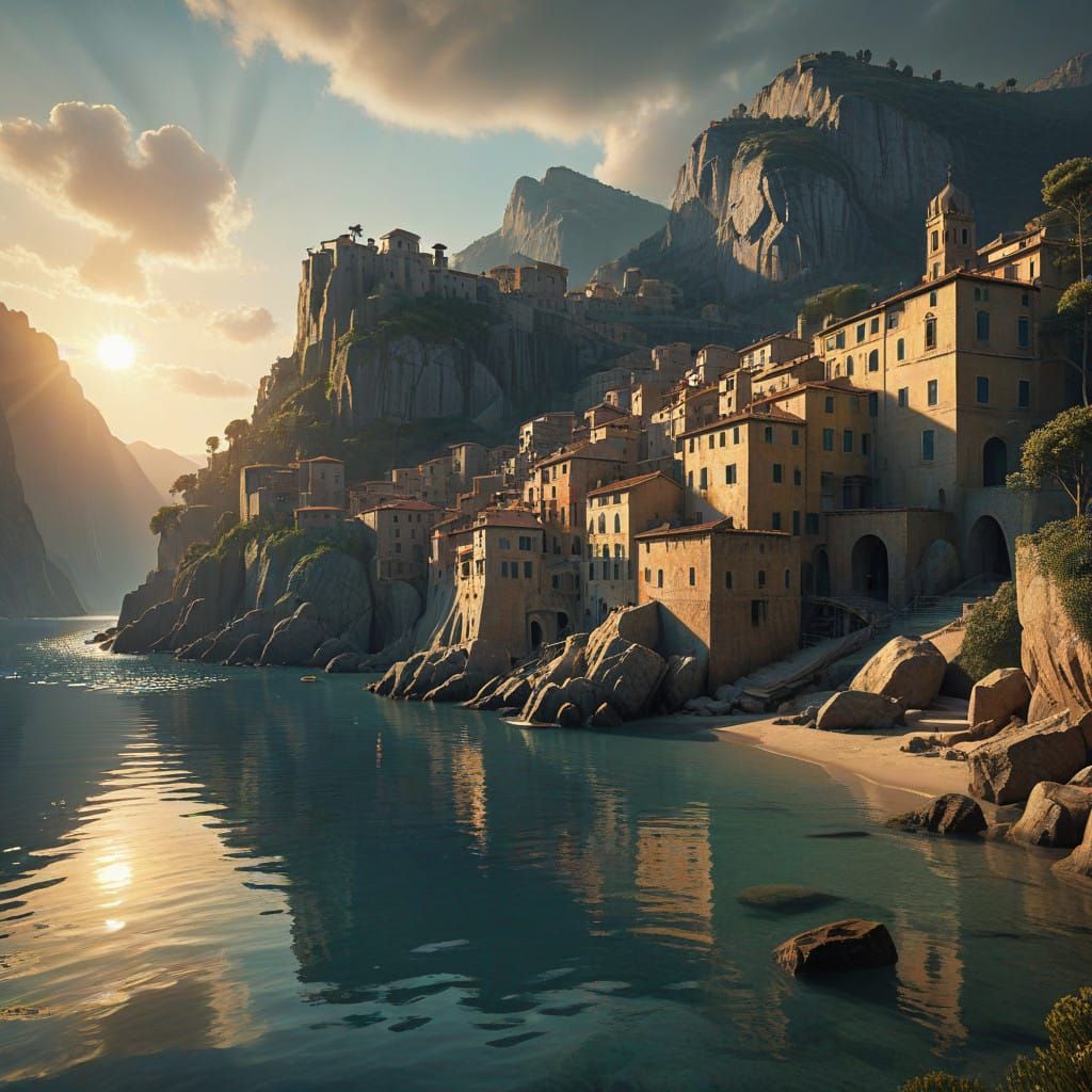 Surreal Sunset Bay in Dreamy, Ethereal Style