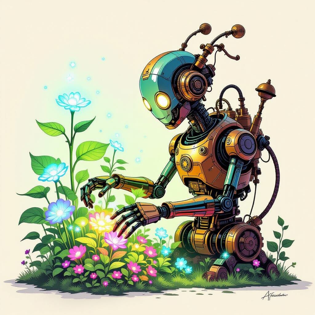 Steampunk Automaton in Bioluminescent Garden: Fantasy Concep...