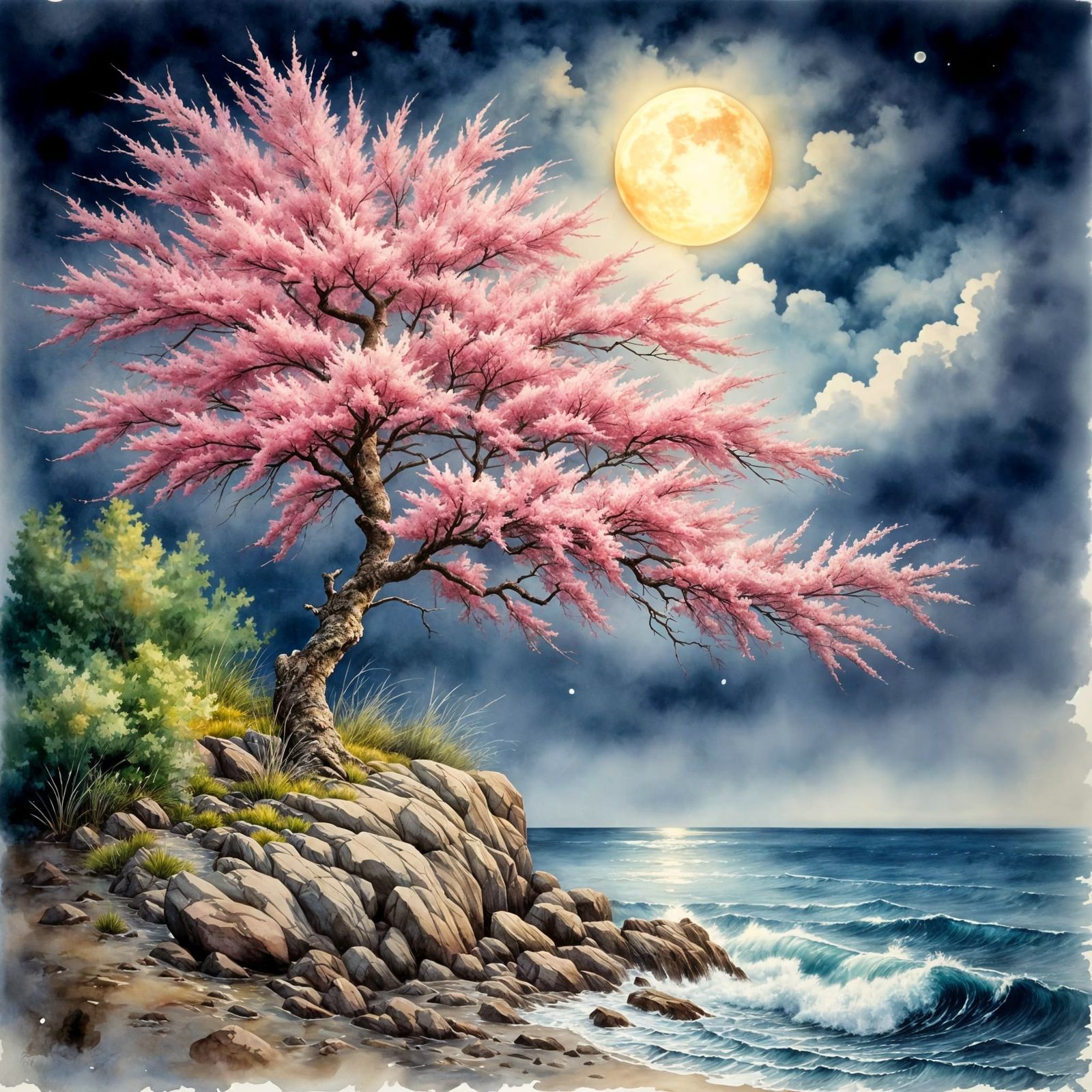 Antique Watercolor Tranquility with Full Moon and Pink Cherr...