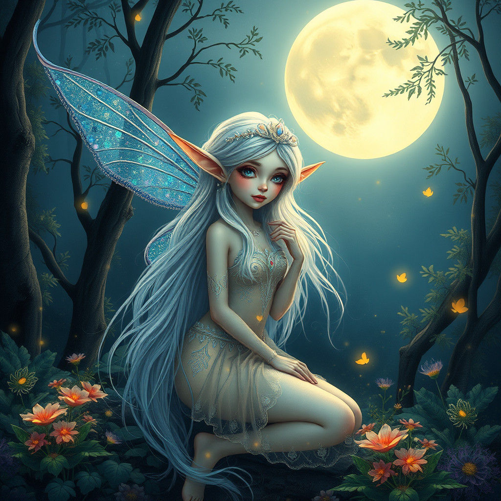 Ethereal Fairy in Moonlit Forest: A Surreal Portrait