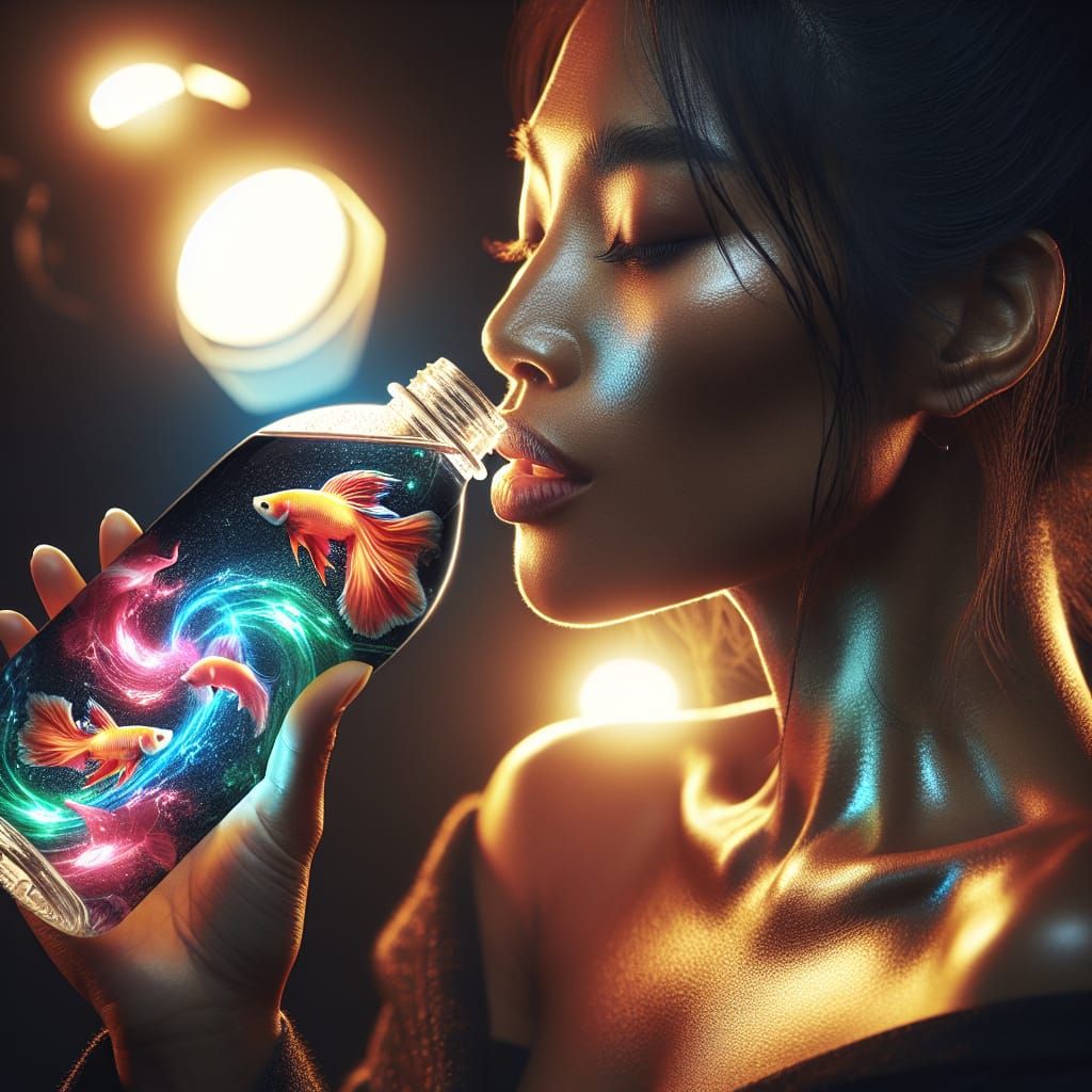 Woman Drinking Water with Glowing Fish: Hyperrealistic