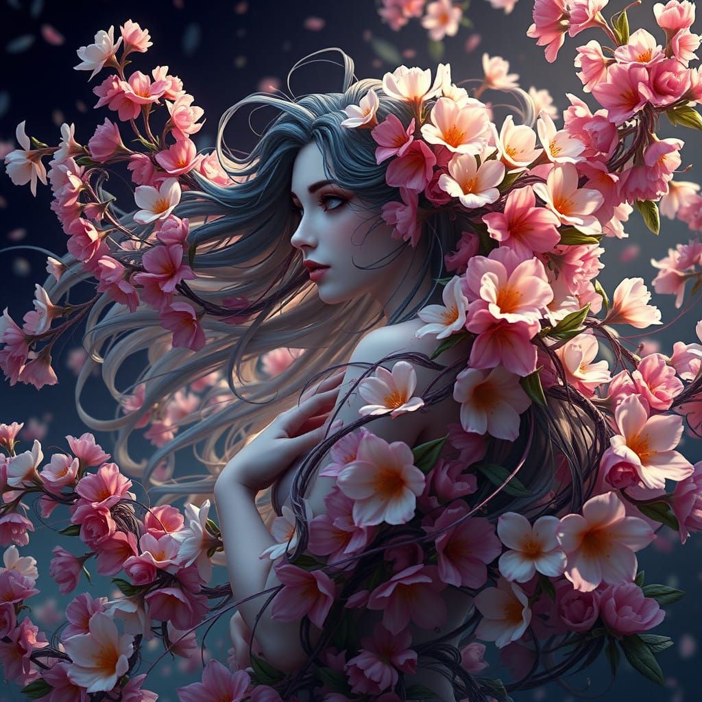 Nature Goddess Immersed in Vibrant Blossoms and Flowers