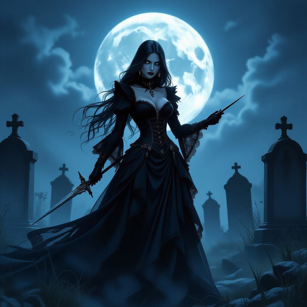 Gothic Vampire Hunter in Graveyard, Dark Fantasy Style
