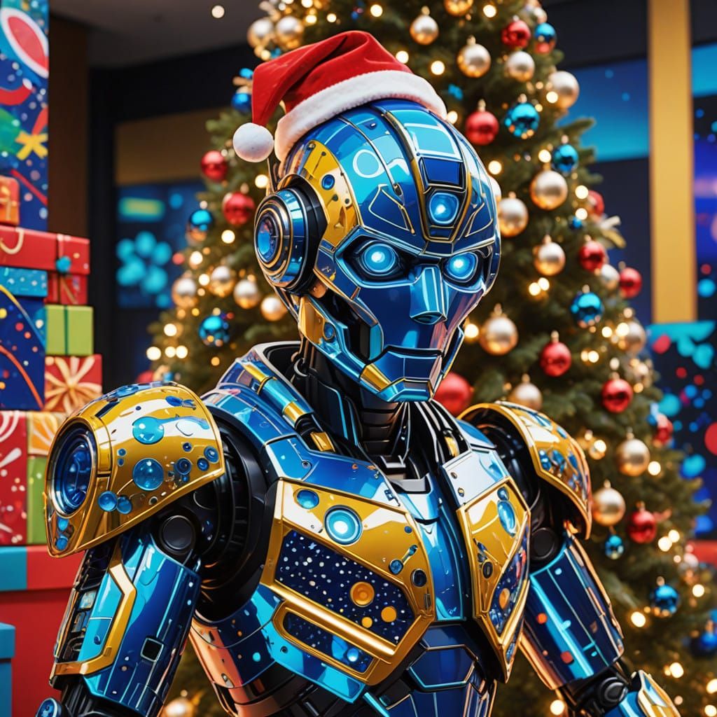 Neon Robot Unwraps Presents Under Vibrant Christmas Tree