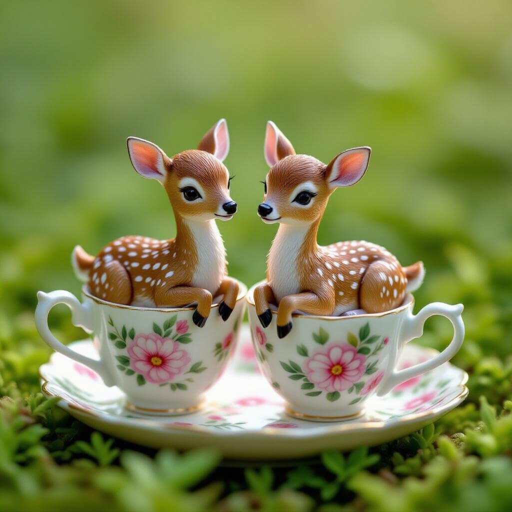 Miniature Deer Napping in Flower Cups: Whimsical Illustratio...