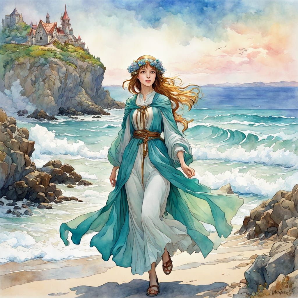 Cheerful Girl Wizard on Rocky Seashore in Manga Style