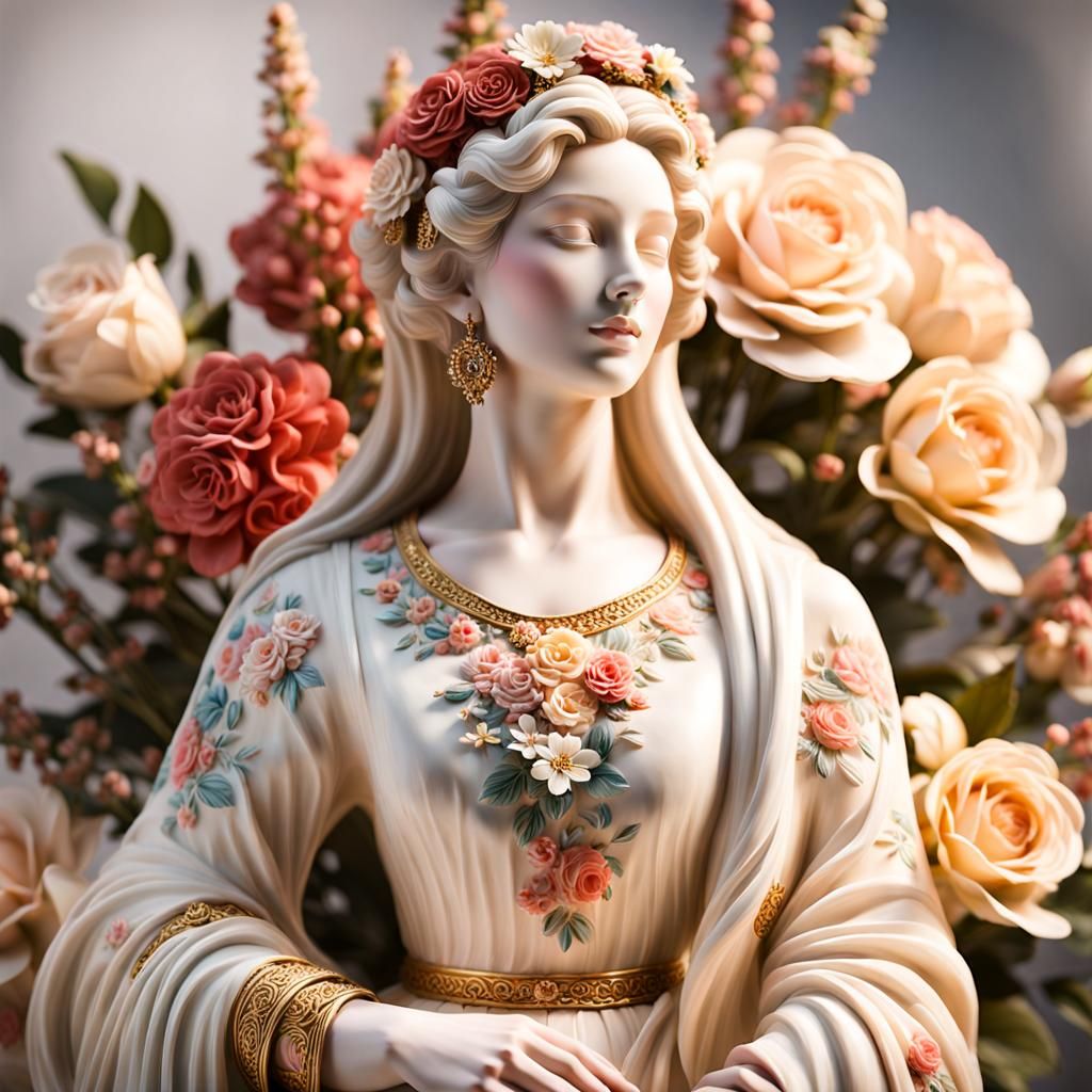 Floral Painted Woman Marble Statue in Beige Lighting