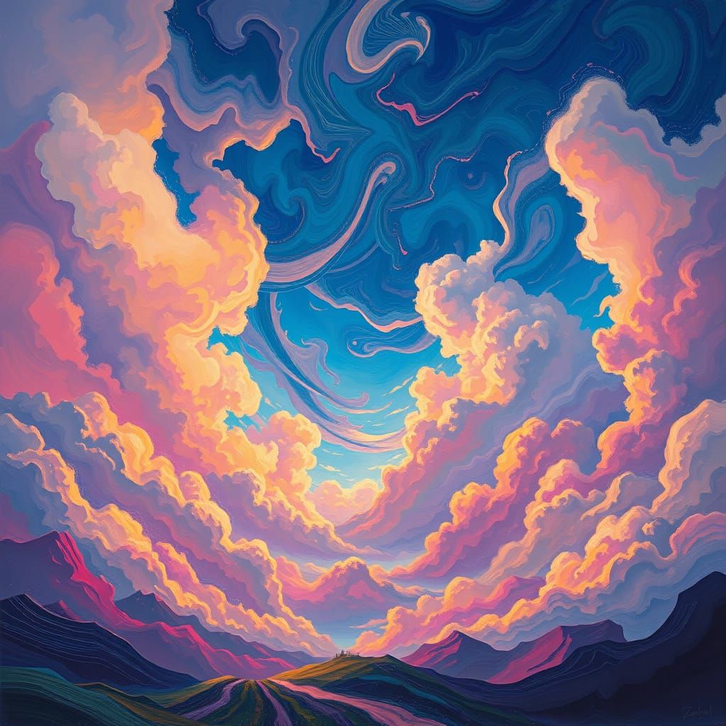 Surreal Landscape with Swirling Clouds and Lights