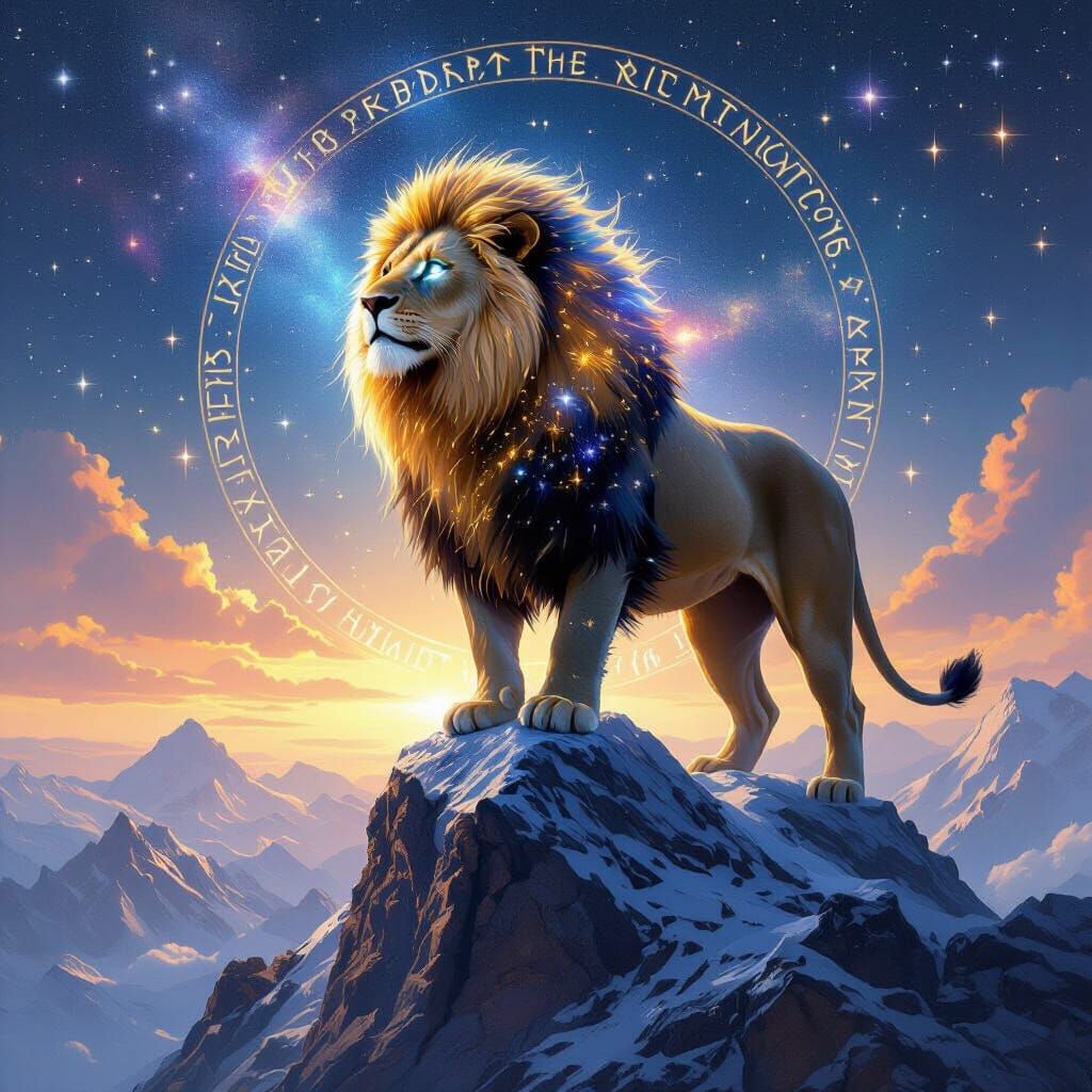Lion with Starry Mane Overlooking Galaxy in Digital Painting
