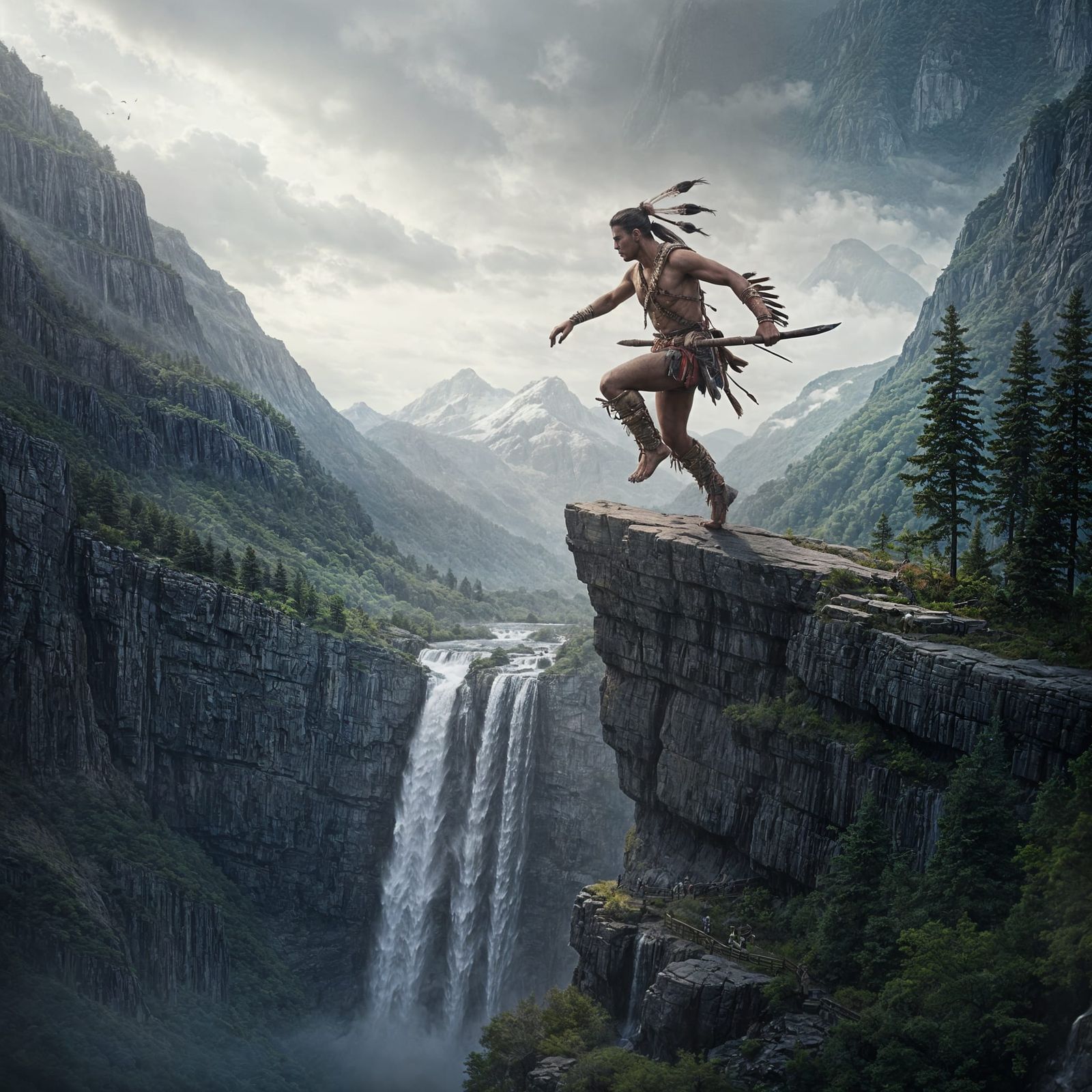 Native American Warrior Leaps with Waterfall, Dramatic Scene