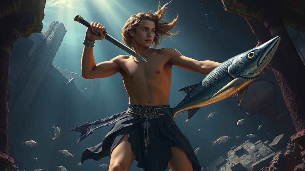 Handsome Hero Battles Fearsome Barracuda in Underwater Ruins