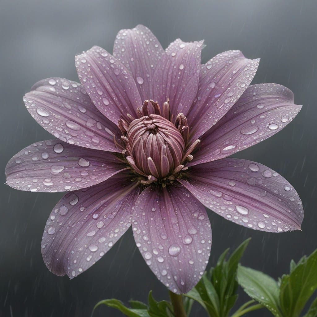 Hyperrealistic Flower in Rain Under Grey Skies