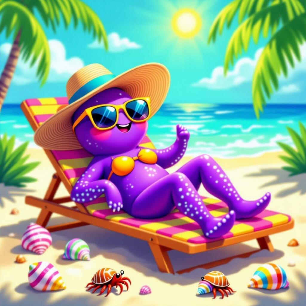 Bioluminescent Starfish on Sunbed in Whimsical Cartoon Style